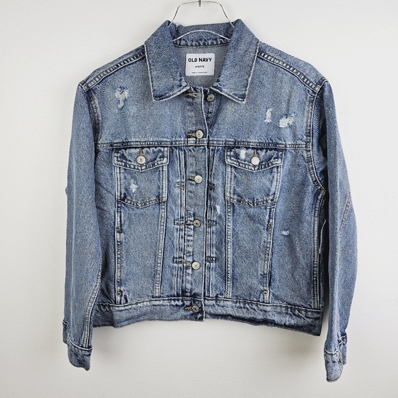 Old Navy #821525 Classic Denim Jean Jacket Distressed NWT Petite - Picture 1 of 9